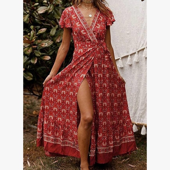 red bohemian floral print short butterfly sleeves adjustable tie waist - Picture 2 of 6